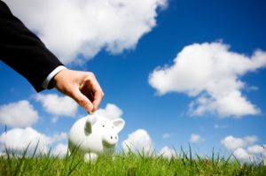 Image: hand deposits coin in piggy bank on grass outside with cloud background